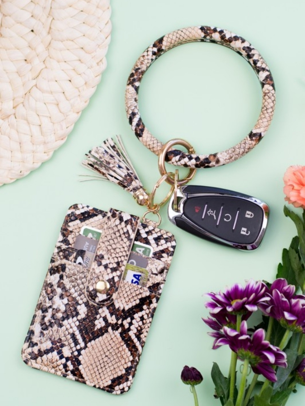 Snake Print Key Ring Wallet Bracelet | Wristlet Card Holder + Tassel 🐍